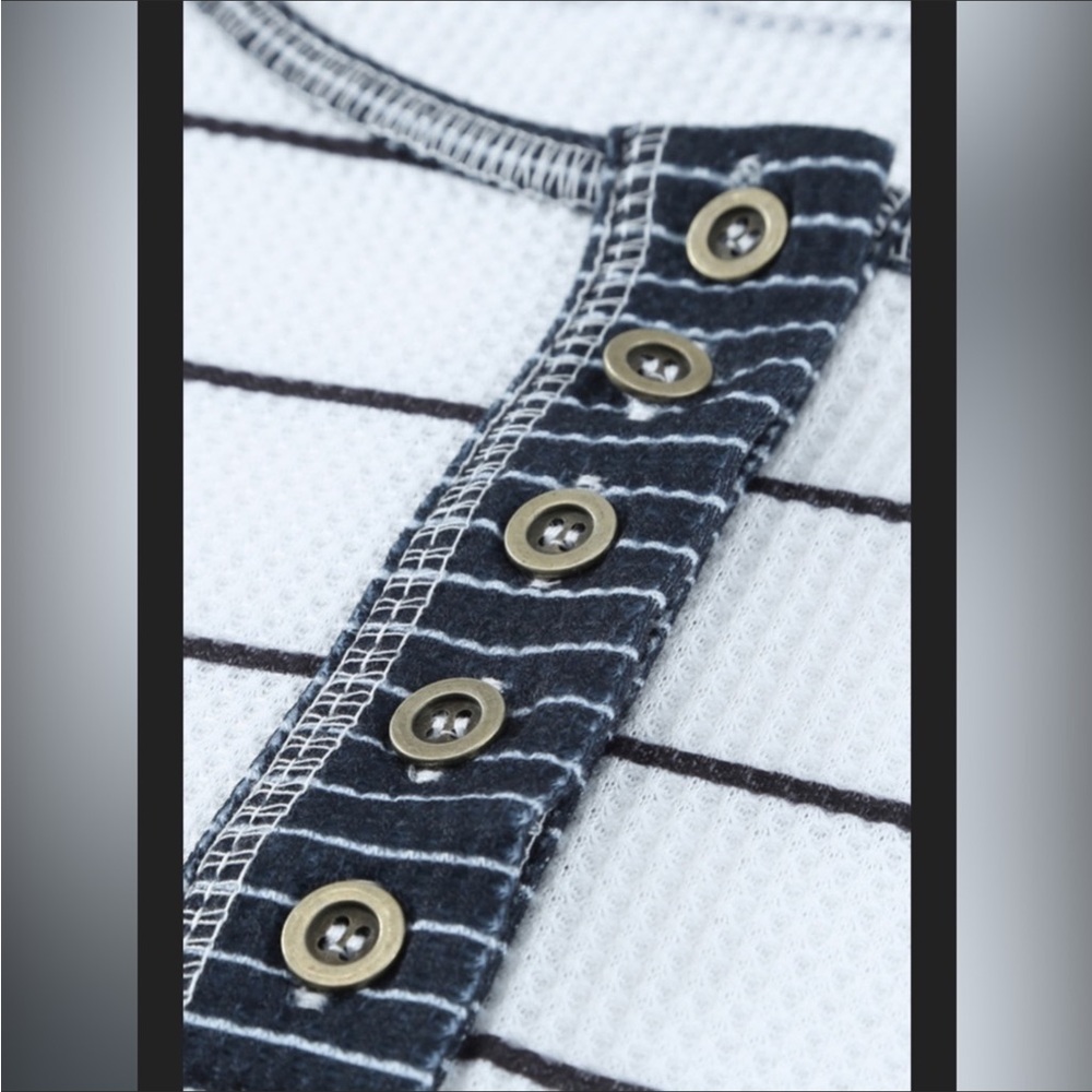 #25 Henley White & Navy Waffle Weave L.S. Top - Picture 4 of 12